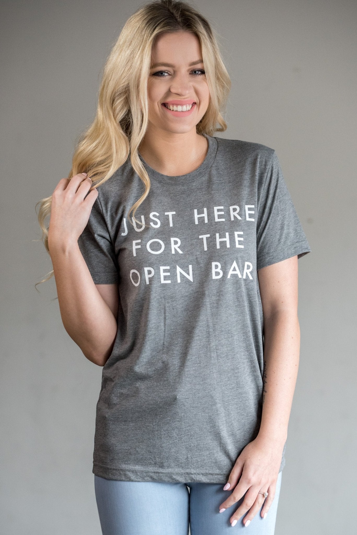 Just here for the open bar unisex short sleeve crew neck t-shirt grey - Stylish T-shirts - Trendy Graphic T-Shirts and Tank Tops at Lush Fashion Lounge Boutique in Oklahoma City