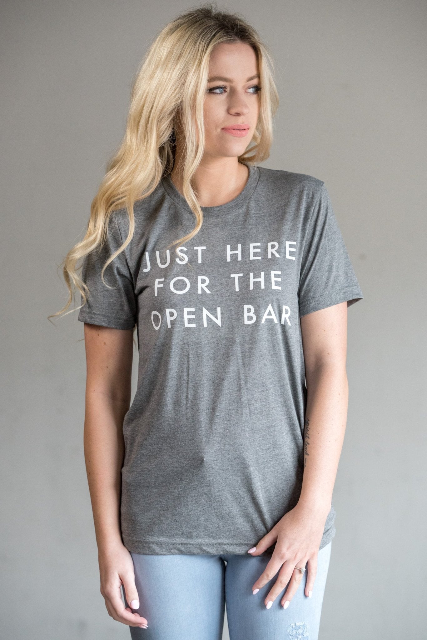 Just here for the open bar unisex short sleeve crew neck t-shirt grey - Cute T-shirts - Funny T-Shirts at Lush Fashion Lounge Boutique in Oklahoma City