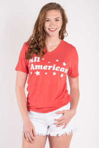 All American unisex v-neck short sleeve t-shirt red - Trendy T-shirts - Cute Graphic Tee Fashion at Lush Fashion Lounge Boutique in Oklahoma