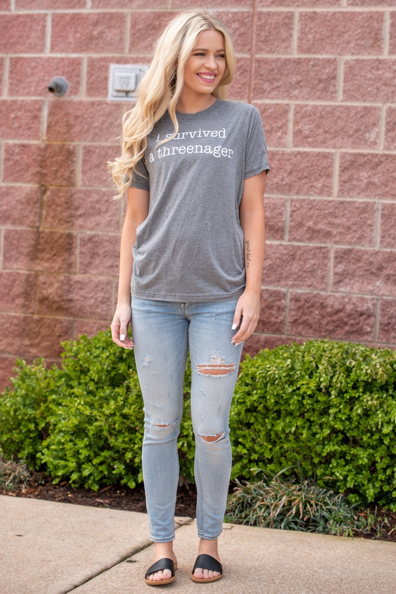 I survived a threenager unisex short sleeve t-shirt grey - Trendy T-shirts - Cute Graphic Tee Fashion at Lush Fashion Lounge Boutique in Oklahoma