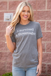 I survived a threenager unisex short sleeve t-shirt grey - Cute T-shirts - Funny T-Shirts at Lush Fashion Lounge Boutique in Oklahoma City
