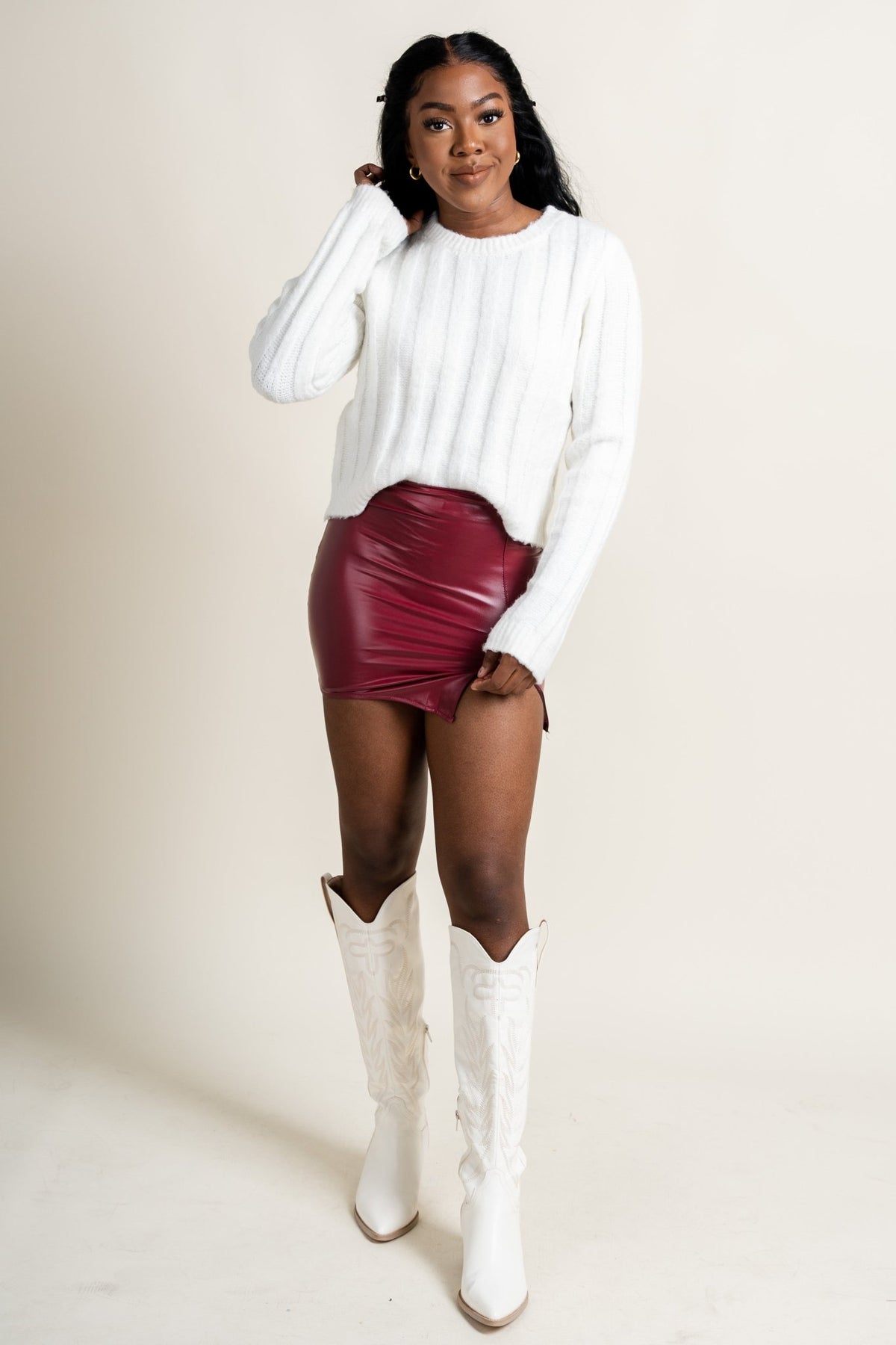 Faux leather skirt burgundy - Trendy Holiday Apparel at Lush Fashion Lounge Boutique in Oklahoma City