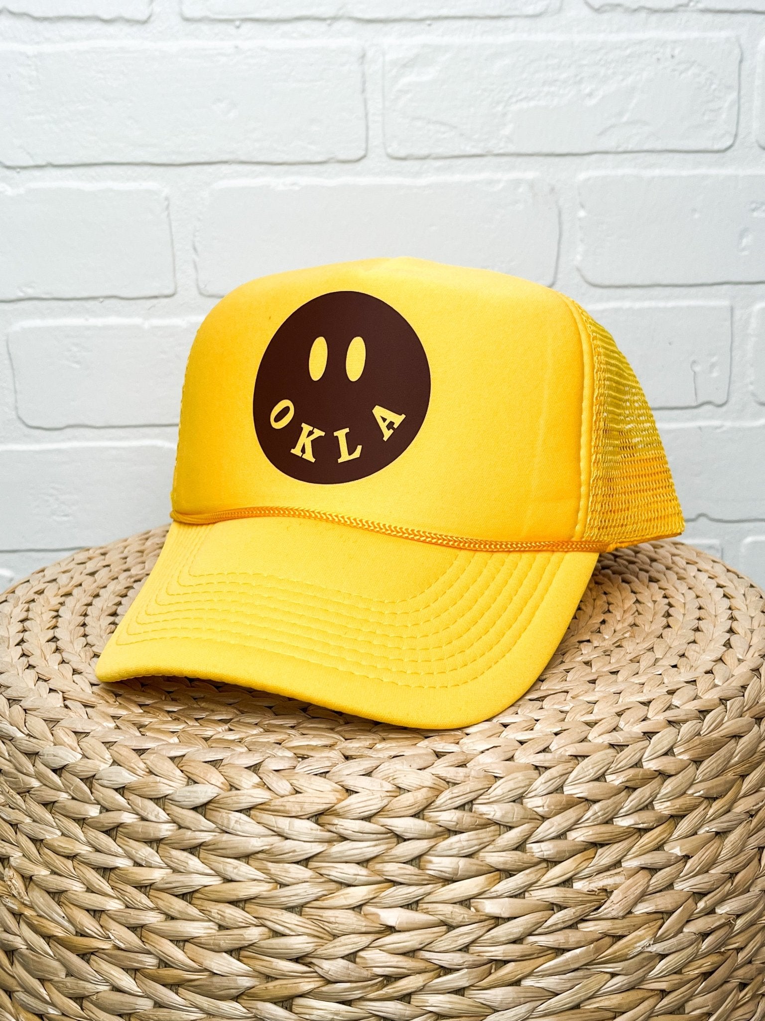 OKLA smiley trucker hat yellow - Trendy Hats at Lush Fashion Lounge Boutique in Oklahoma City