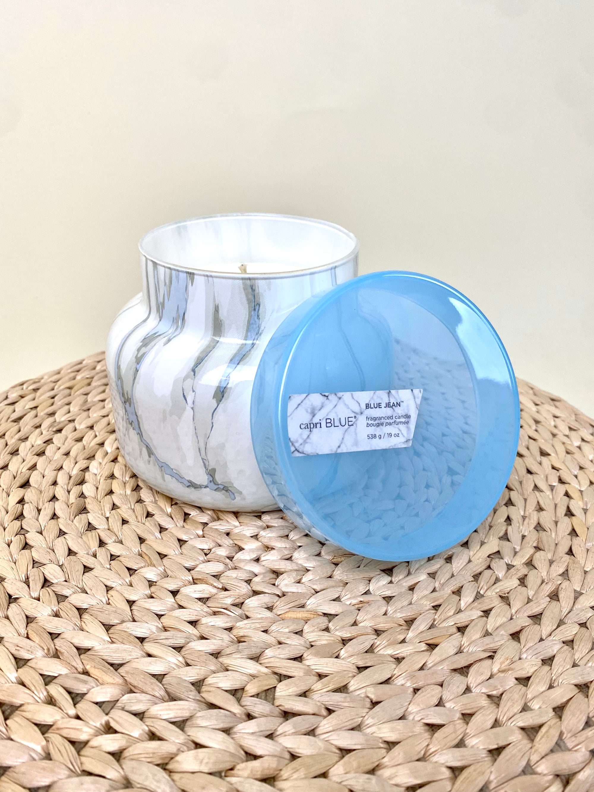 Capri Blue blue jean scent 19oz candle mod marble - Trendy Candles and Scents at Lush Fashion Lounge Boutique in Oklahoma City