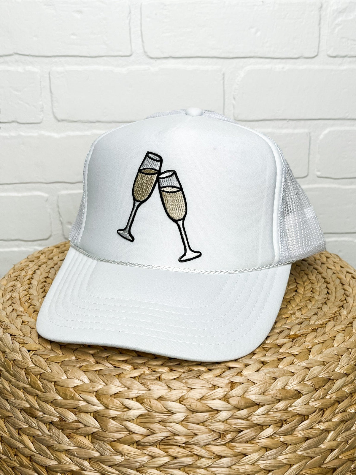 Champagne glasses trucker hat white - Stylish Hat -  Cute Bridal Collection at Lush Fashion Lounge Boutique in Oklahoma City