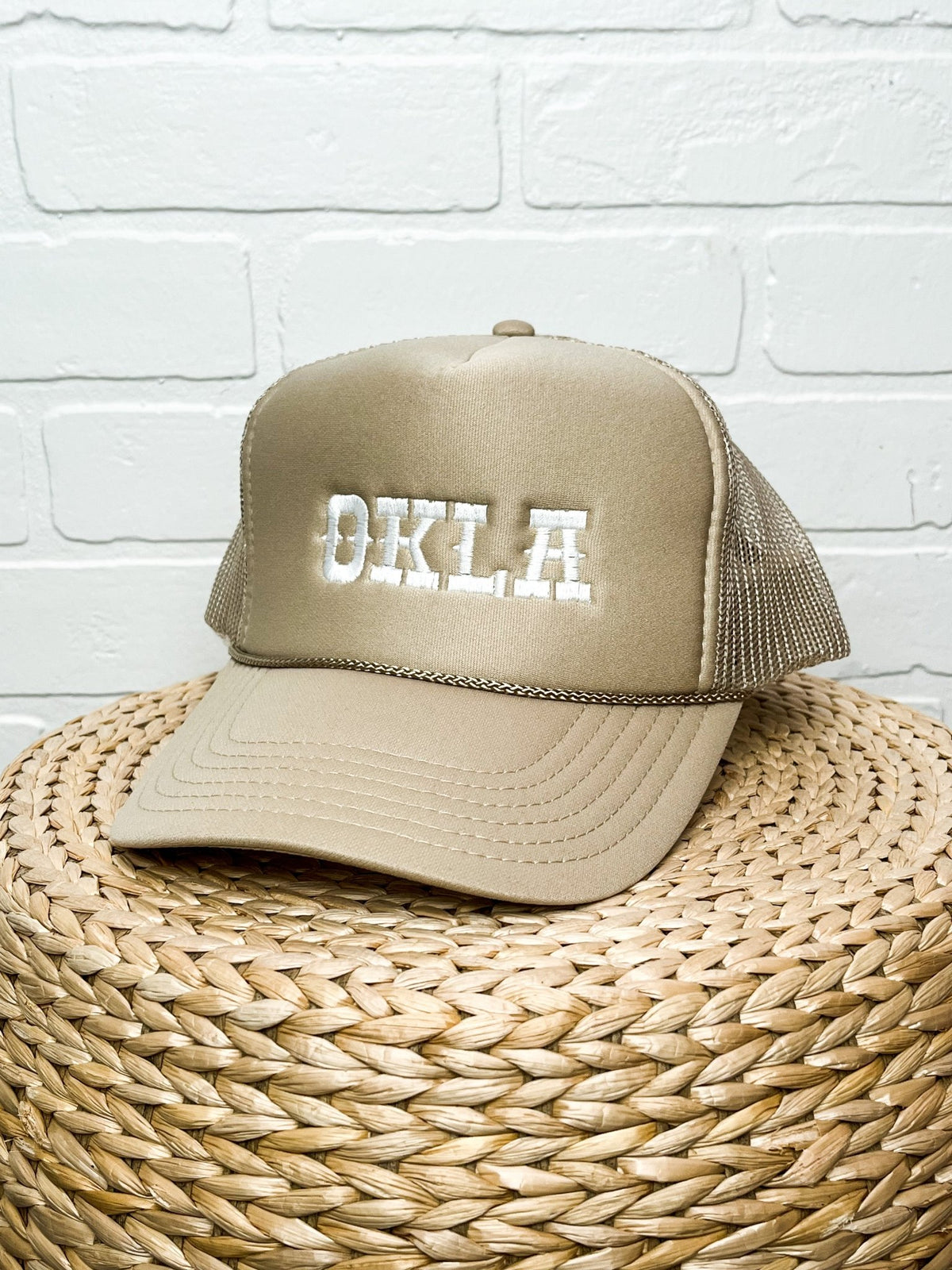 OKLA western font trucker hat khaki - Trendy Hats at Lush Fashion Lounge Boutique in Oklahoma City