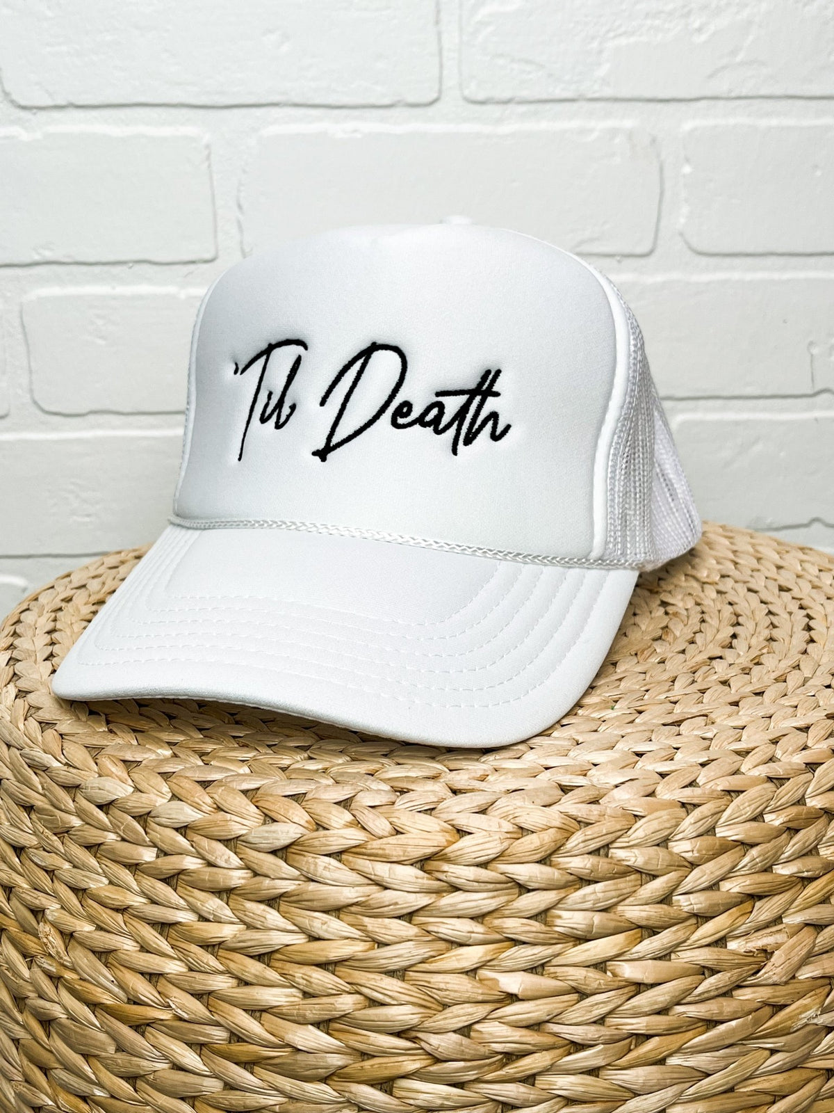 Til death trucker hat white - Stylish Hat -  Cute Bridal Collection at Lush Fashion Lounge Boutique in Oklahoma City