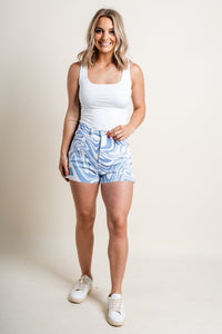 Swirl print high waist shorts periwinkle - Affordable Shorts - Boutique Shorts at Lush Fashion Lounge Boutique in Oklahoma City