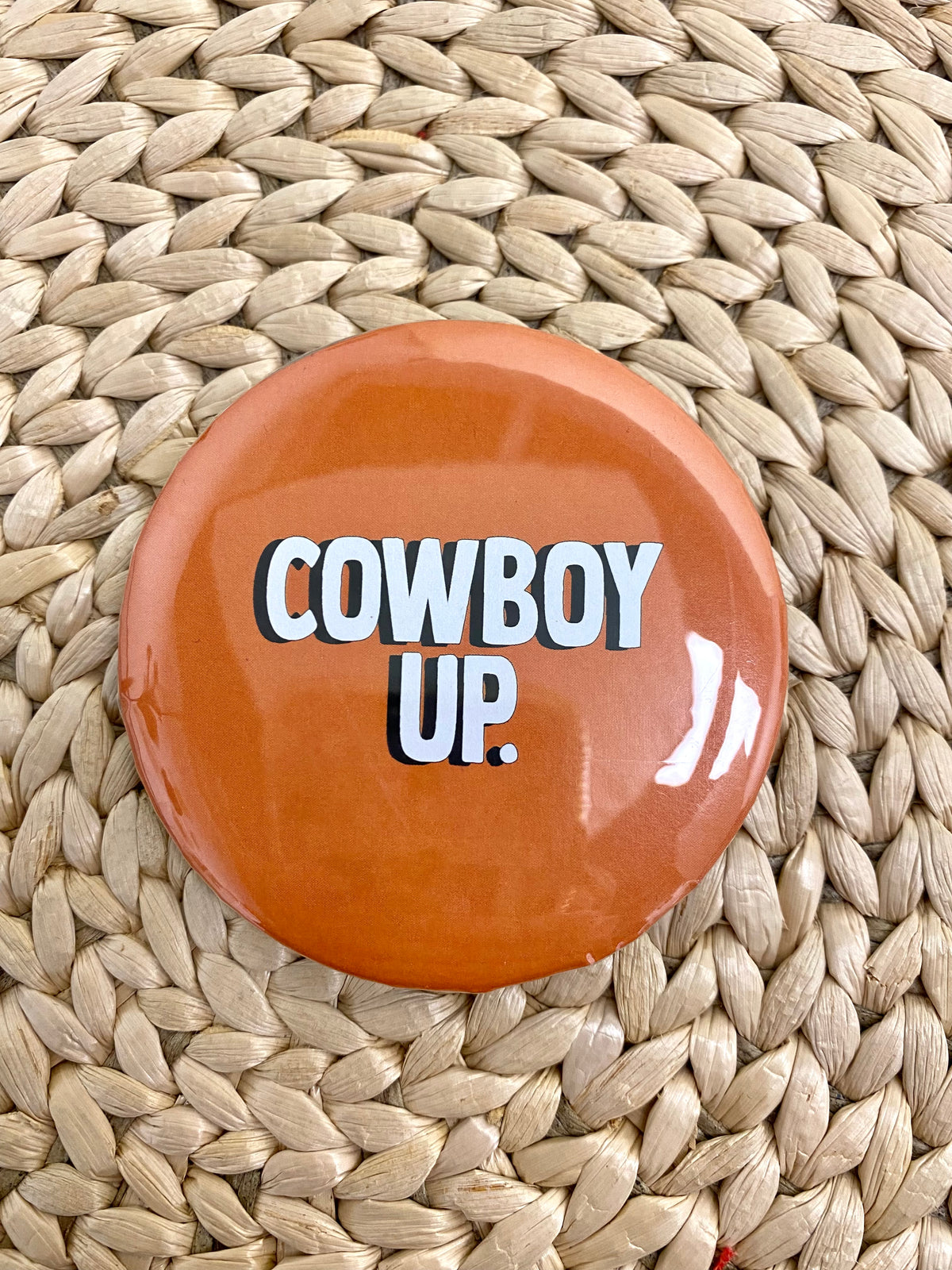 Cowboy Up 3 inch button orange - Trendy Gifts at Lush Fashion Lounge Boutique in Oklahoma City