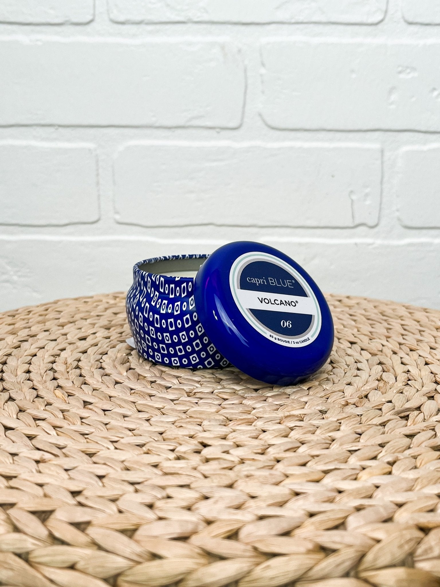 Capri Blue volcano printed mini tin blue 3oz - Trendy Candles and Scents at Lush Fashion Lounge Boutique in Oklahoma City