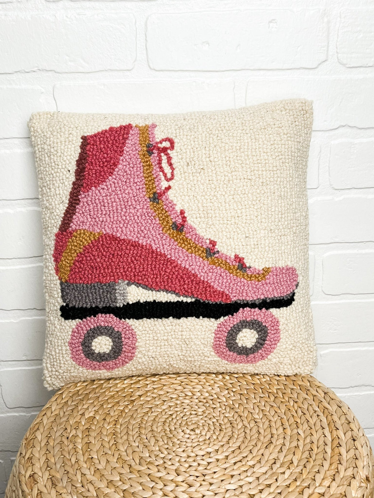 Rollerskate square wool hooked pillow natural - Trendy Gifts at Lush Fashion Lounge Boutique in Oklahoma City
