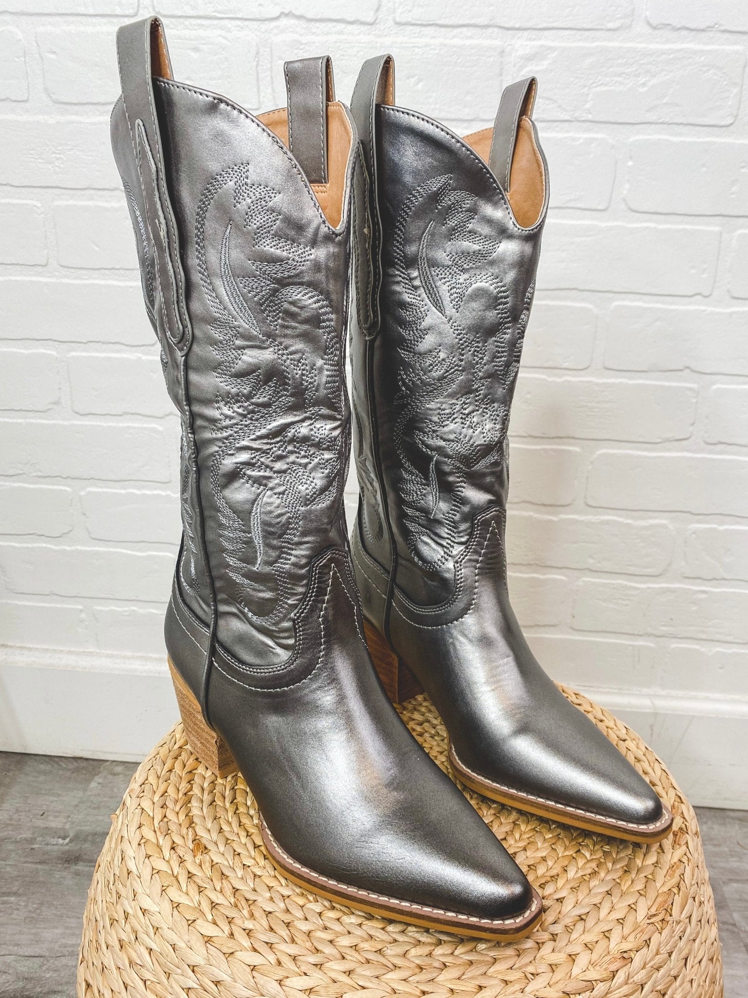 Hanan metallic cowboy boot pewter - Affordable New Year's Eve Party Outfits at Lush Fashion Lounge Boutique in Oklahoma City