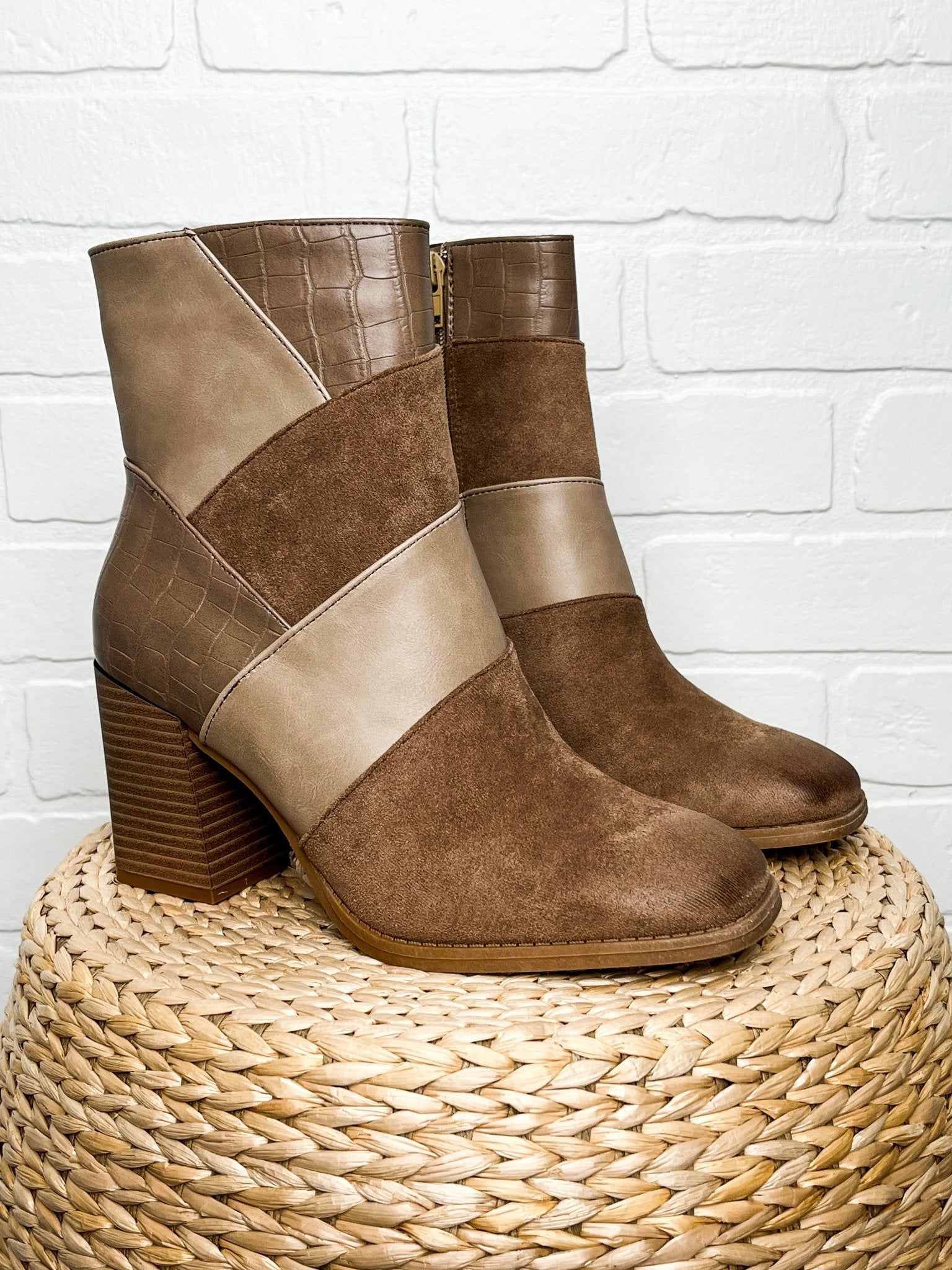 Cammy patchwork bootie taupe - Trendy Shoes - Fashion Shoes at Lush Fashion Lounge Boutique in Oklahoma City