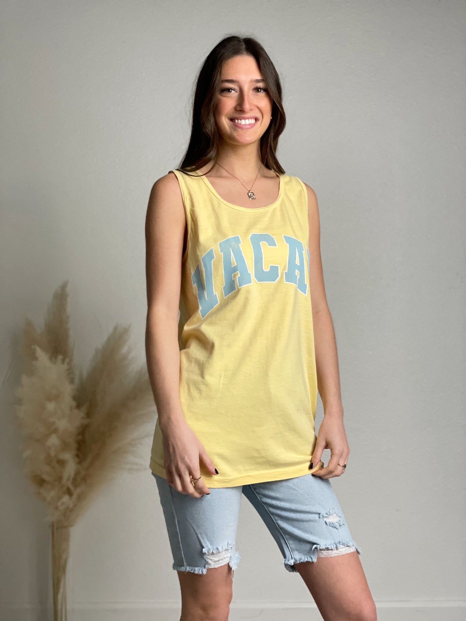 Vacay distressed tank top butter - Stylish Tank Top - Trendy Staycation Outfits at Lush Fashion Lounge Boutique in Oklahoma City