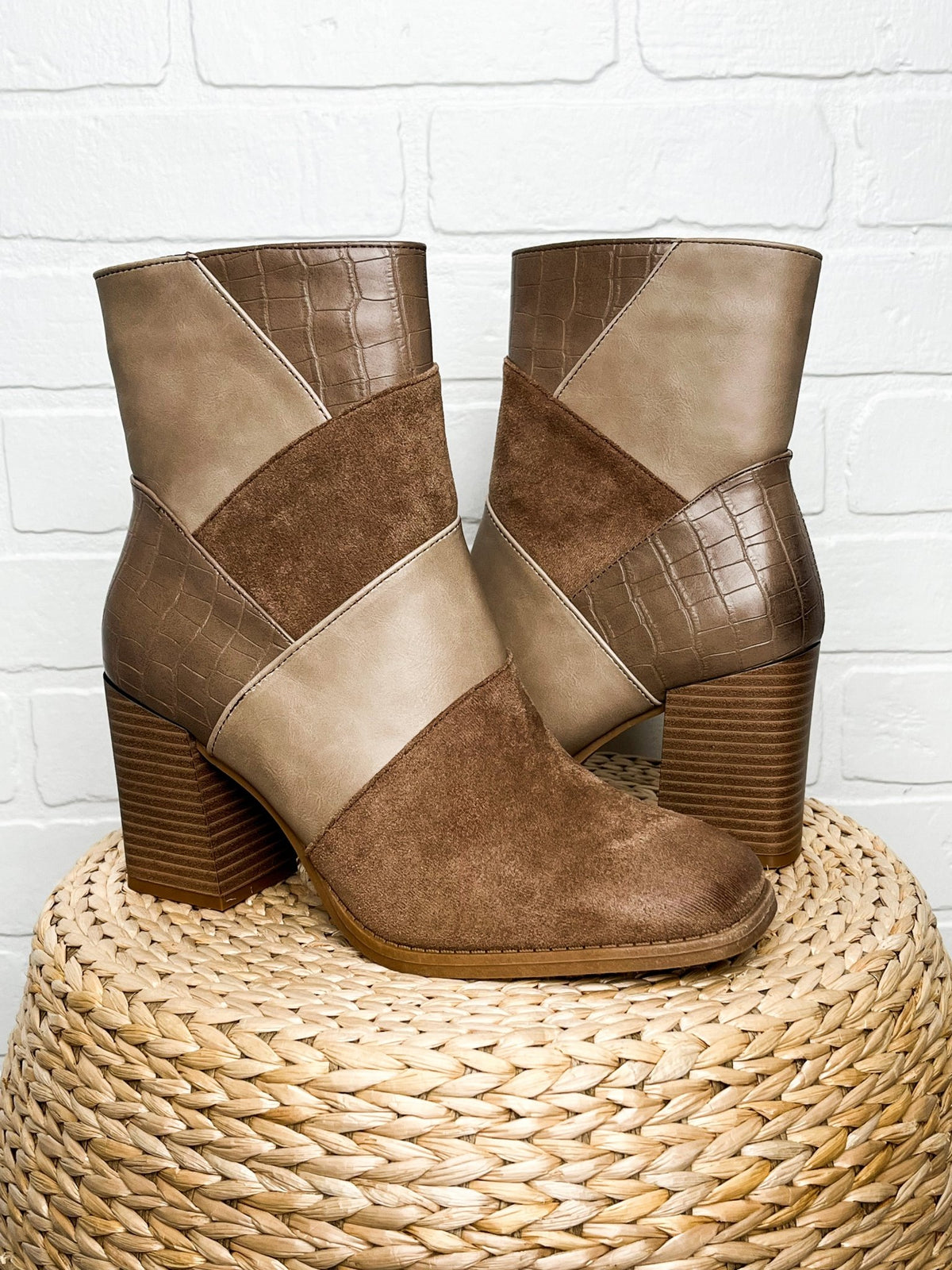 Cammy patchwork bootie taupe - Cute Shoes - Trendy Shoes at Lush Fashion Lounge Boutique in Oklahoma City