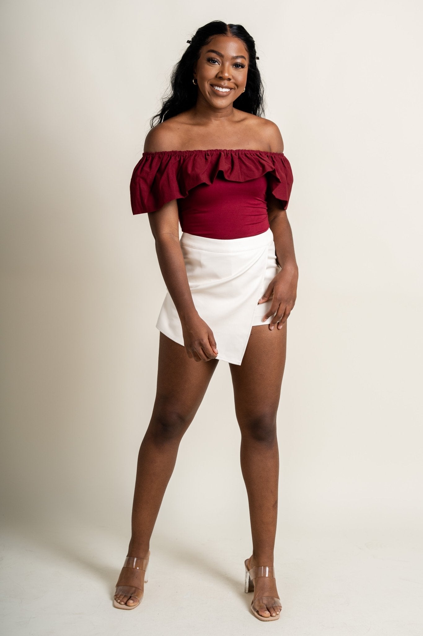 Off shoulder bodysuit burgundy - Exclusive Collection of Holiday Inspired T-Shirts and Hoodies at Lush Fashion Lounge Boutique in Oklahoma City