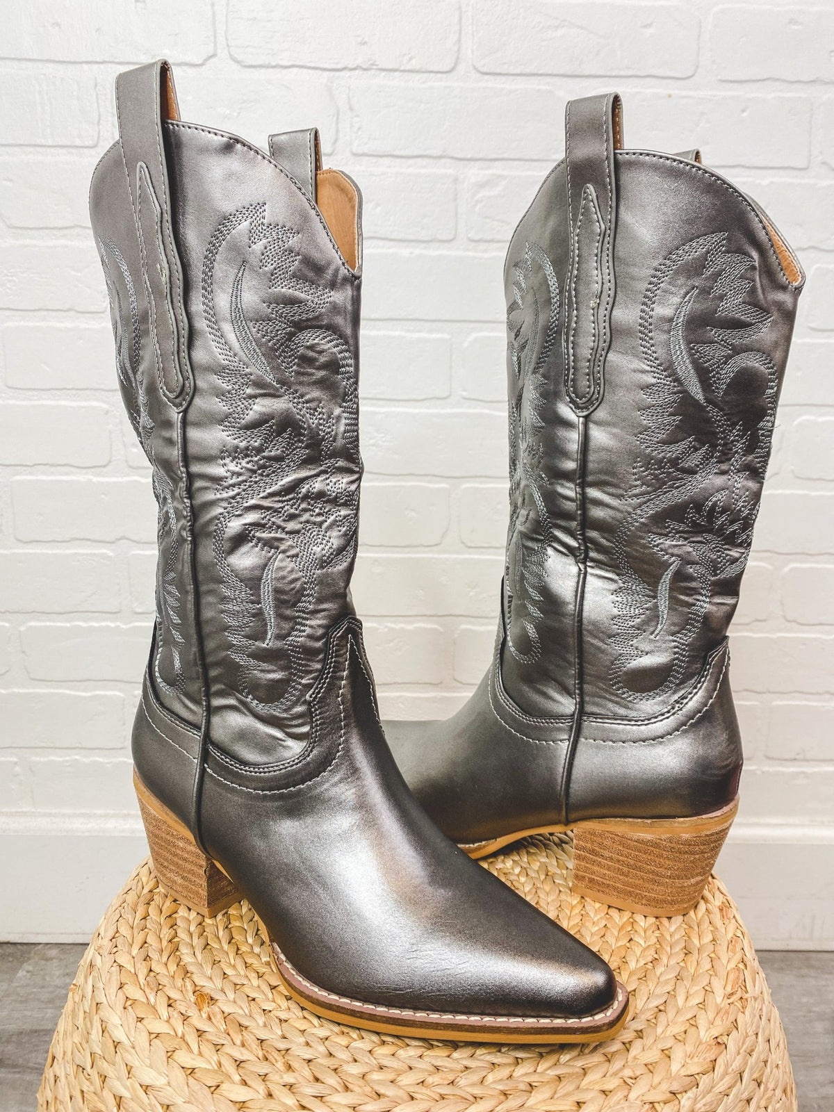 Hanan metallic cowboy boot pewter - Trendy New Year's Eve Outfits at Lush Fashion Lounge Boutique in Oklahoma City